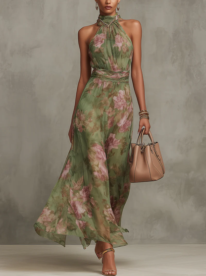 Serena - Vestido largo verde floral en chiffon con escote halter