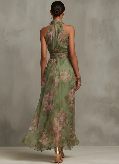 Florencia | Vestido Maxi de Chifón Floral Verde con Tirantes