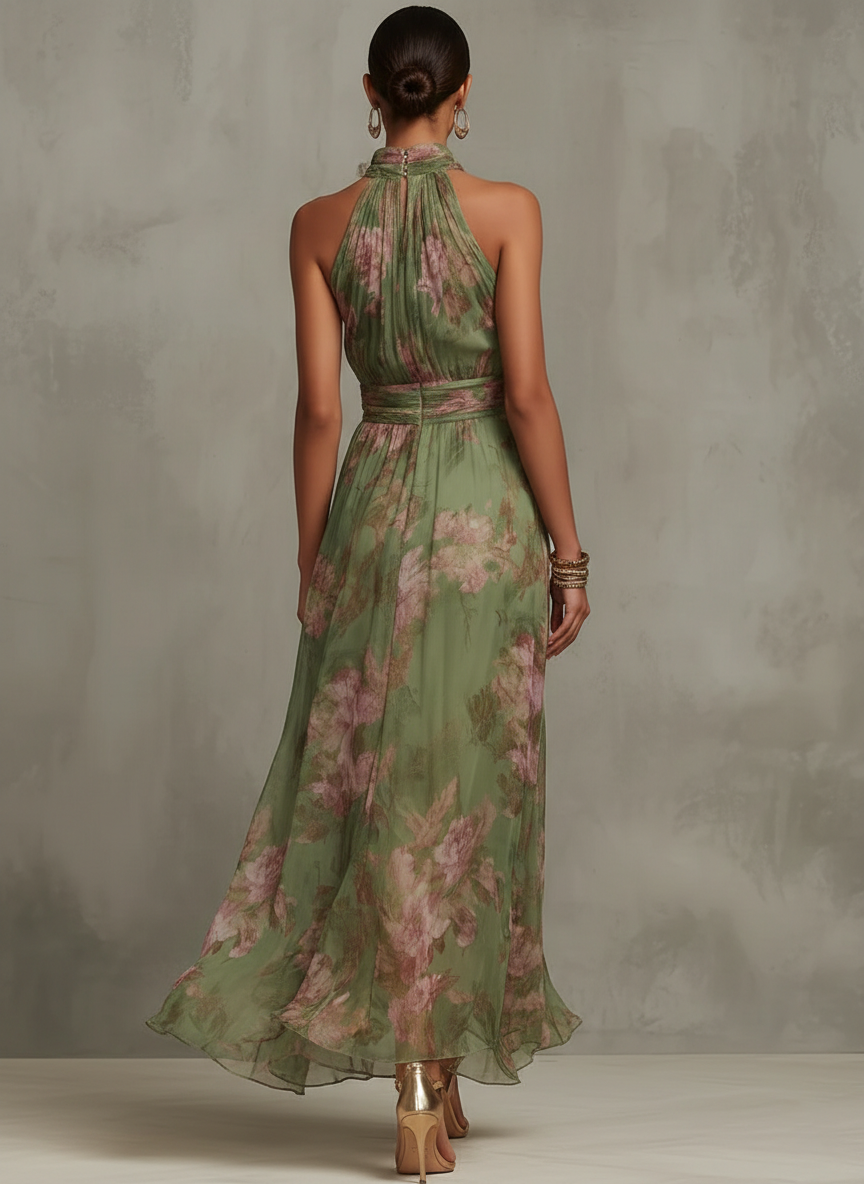 Serena - Vestido largo verde floral en chiffon con escote halter
