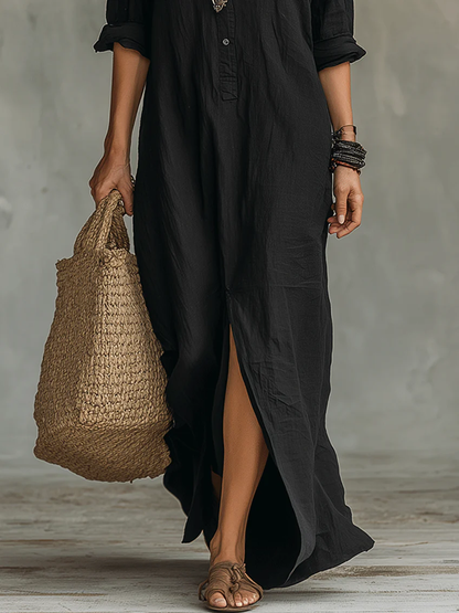 Saraya | Vestido Maxi Negro Amplio con Botones