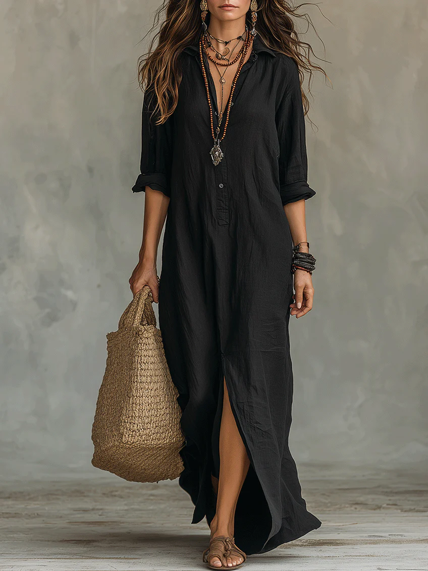 Saraya | Vestido Maxi Negro Amplio con Botones