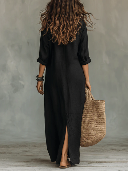 Saraya | Vestido Maxi Negro Amplio con Botones
