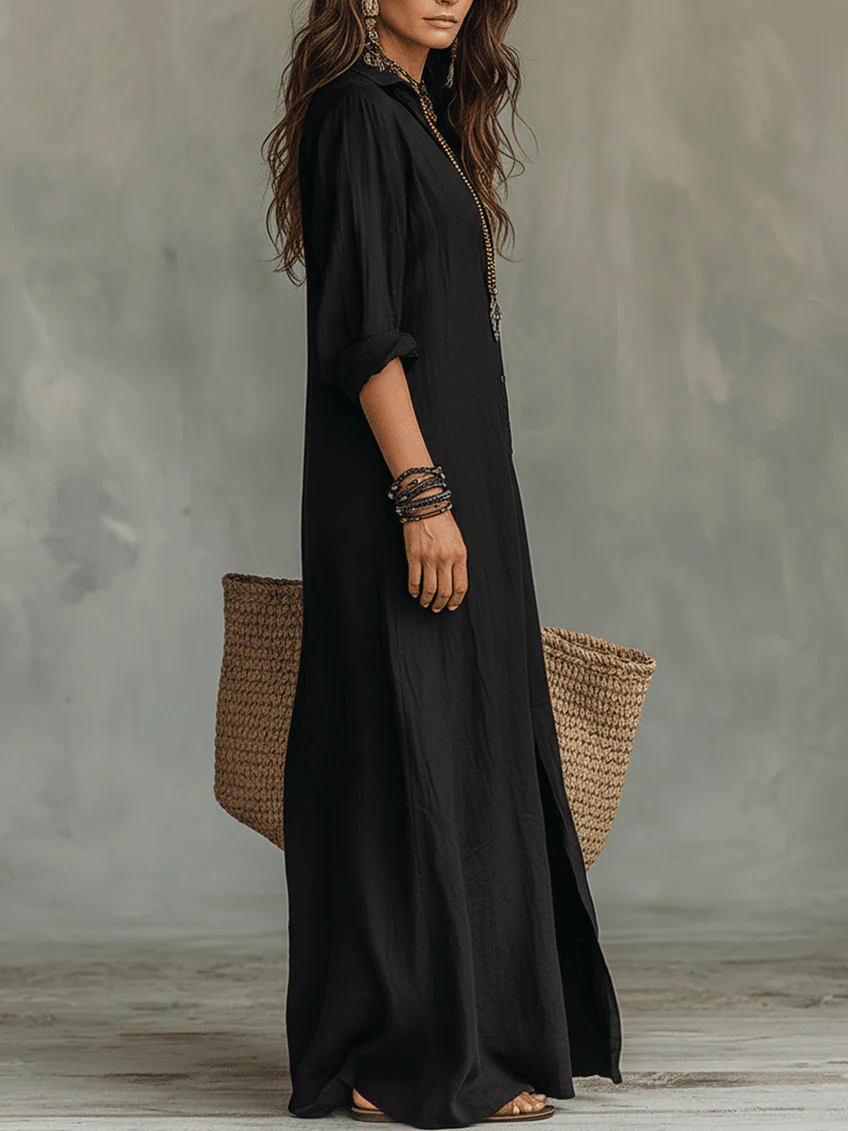 Saraya | Vestido Maxi Negro Amplio con Botones