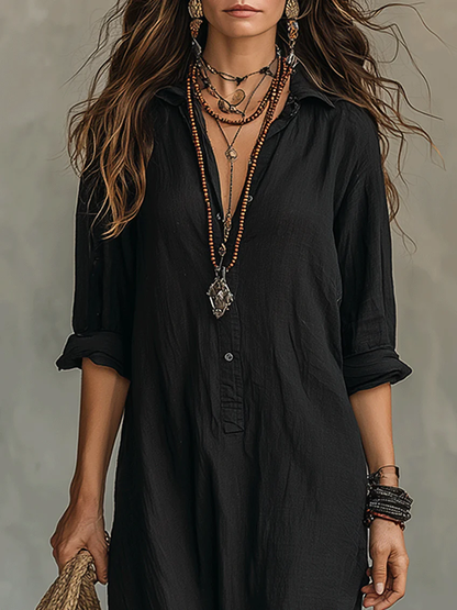Saraya | Vestido Maxi Negro Amplio con Botones