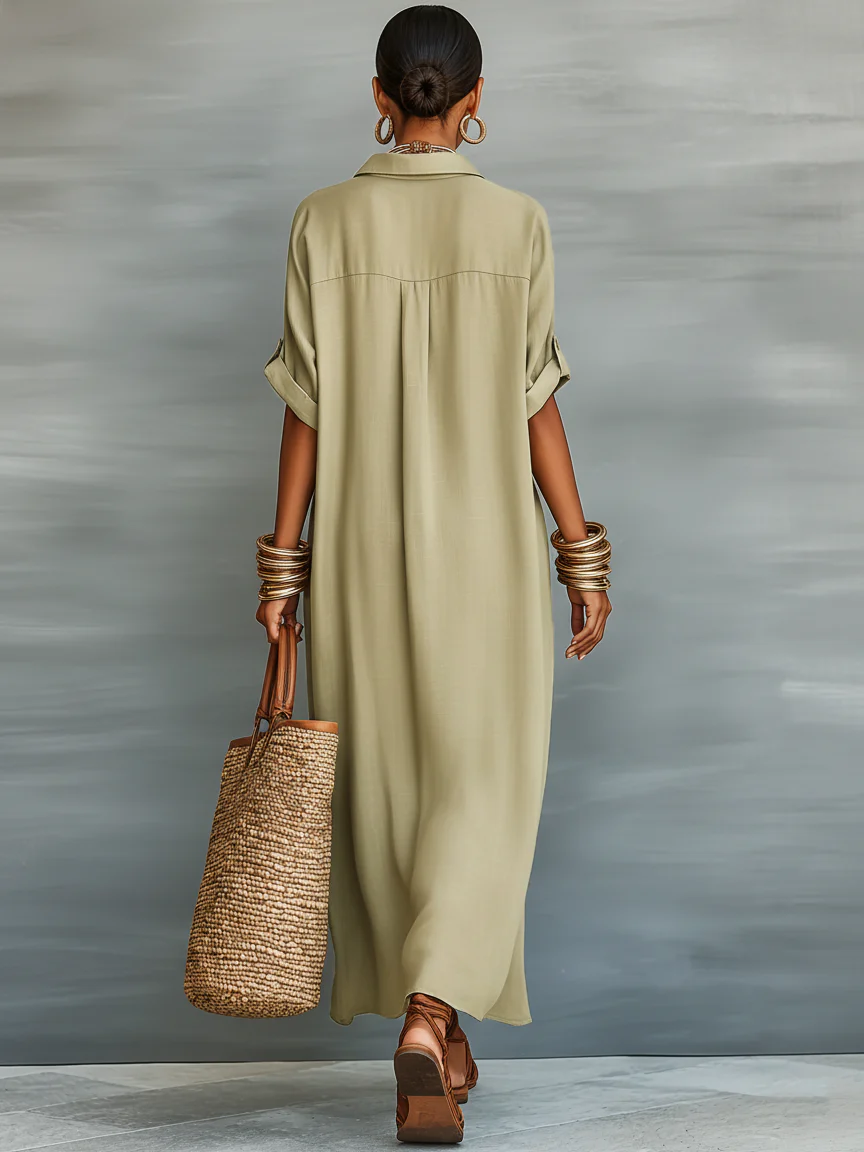 Manelle | Vestido Maxi Verde Oliva con Línea Minimalista