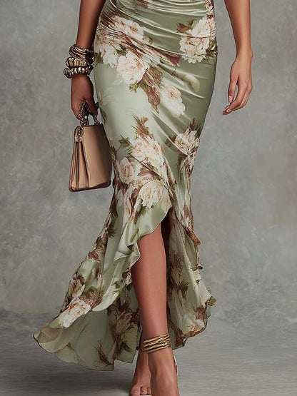 Anna - Vestido largo asimétrico de satén verde con escote en V, mangas acampanadas fruncidas y motivo floral