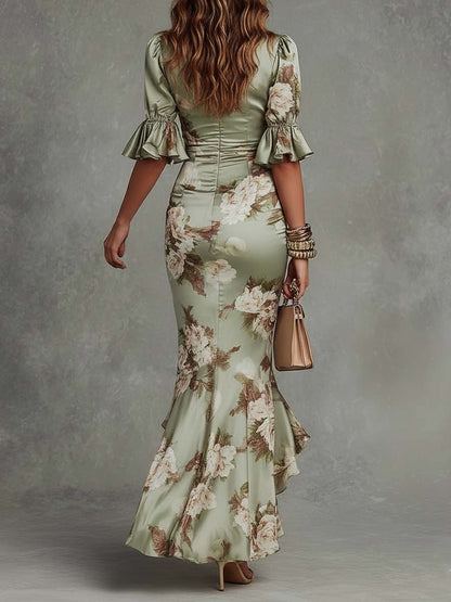 Anna - Vestido largo asimétrico de satén verde con escote en V, mangas acampanadas fruncidas y motivo floral