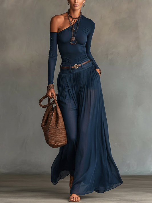 Conjunto de Top Asimétrico Celeste y Falda de Tul