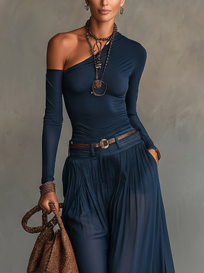 Conjunto de Top Asimétrico Celeste y Falda de Tul