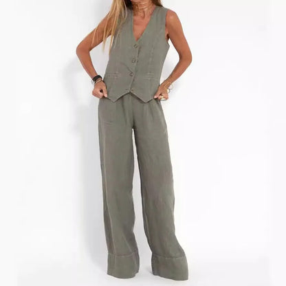 Conjunto de Chaleco a Medida y Pantalones de Pierna Ancha de Algodón
