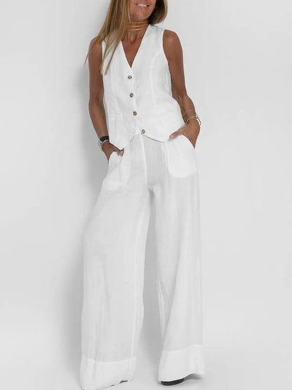 Conjunto de Chaleco a Medida y Pantalones de Pierna Ancha de Algodón