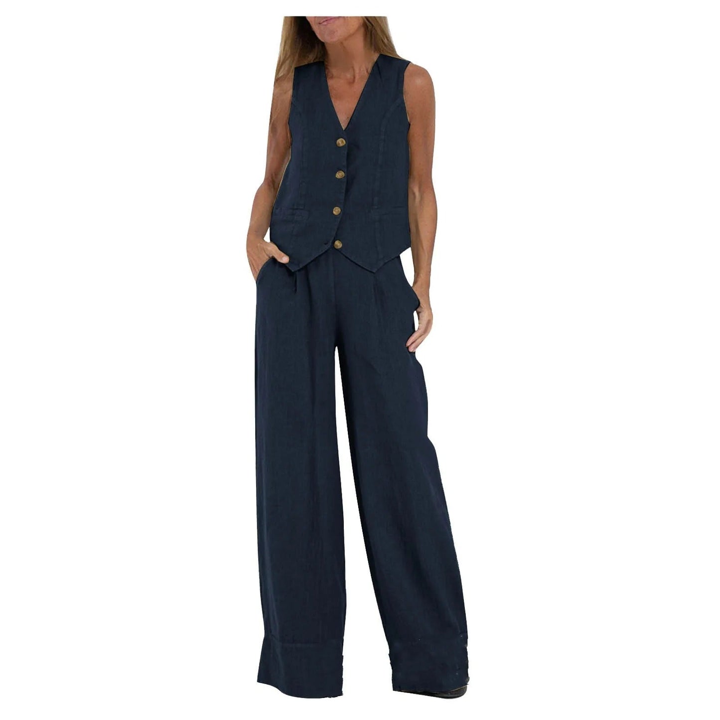 Conjunto de Chaleco a Medida y Pantalones de Pierna Ancha de Algodón
