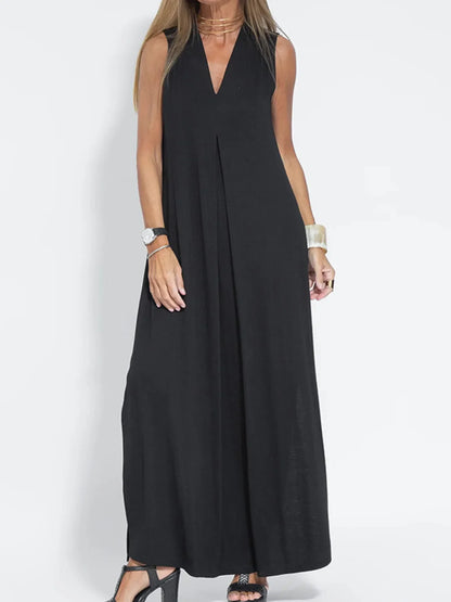 Vestido Maxi Sin Mangas de Talla Completa con Escote en V y Abertura Talla Grande