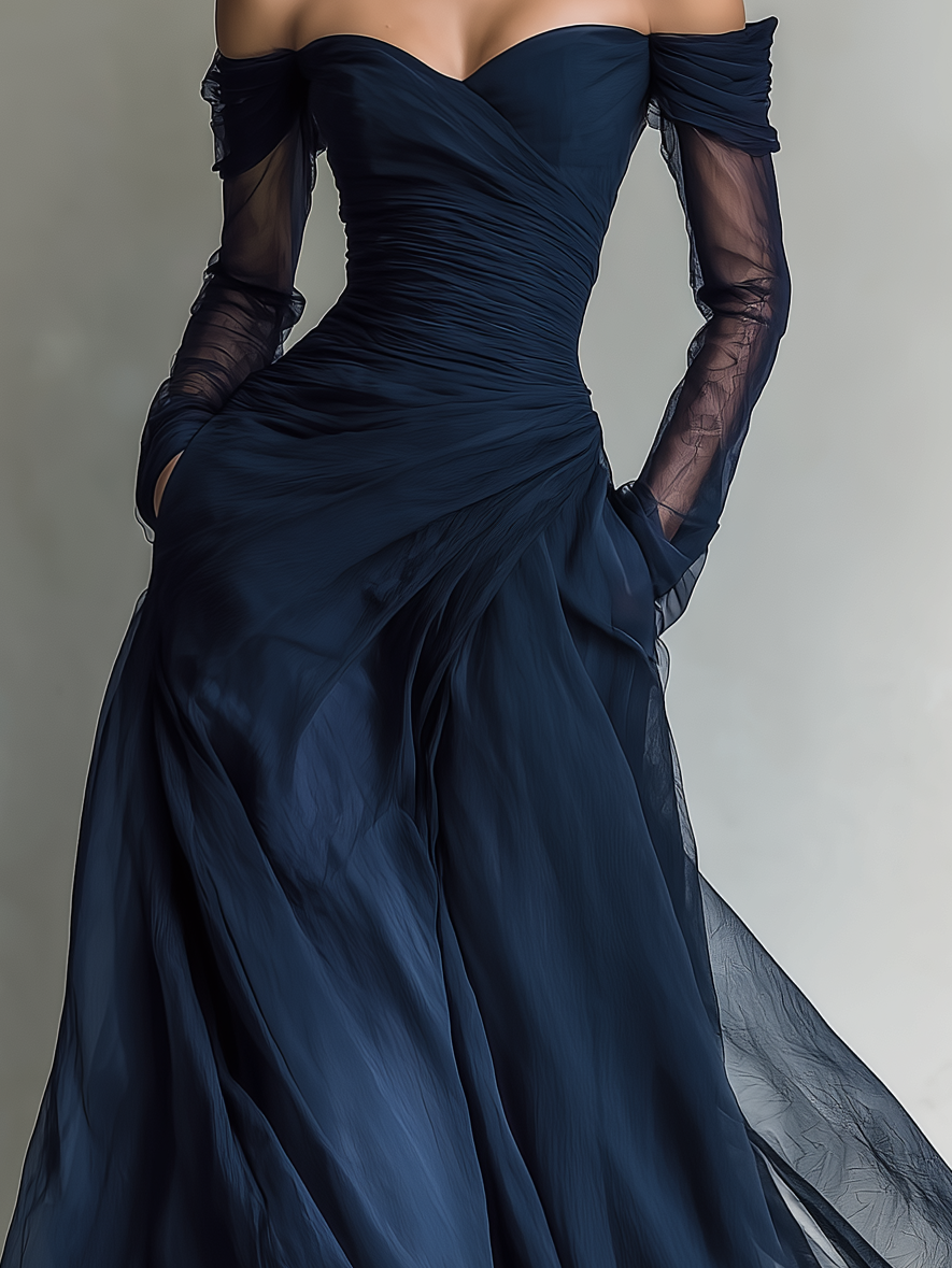 Vestido Maxi Elegante en Chiffon Organza Azul Oscuro con Mangas Largas y Hombros Descubiertos para Mujeres