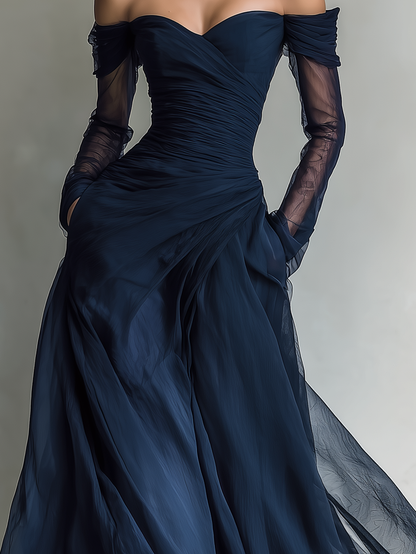 Vestido Maxi Elegante en Chiffon Organza Azul Oscuro con Mangas Largas y Hombros Descubiertos para Mujeres