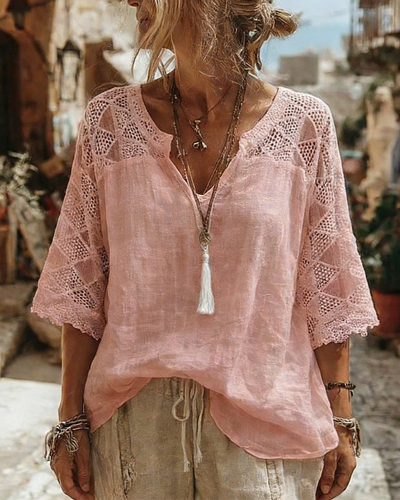 Eyra - Blusa con Cuello en V y Detalle de Encaje