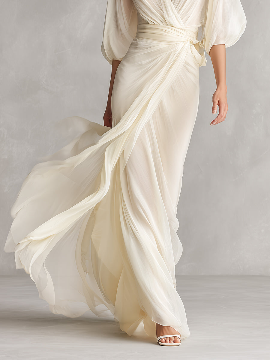 Vestido de Chiffon Transparente Marfil para Mujeres con Mangas Voluminosas y Detalle Envolvente, Vestido de Estilo Romántico-Lujoso Atemporal
