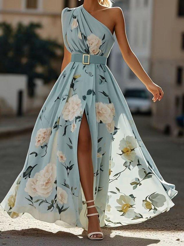 Julie | Vestido Maxi de Chiffon Floral Verde Claro de Tirantes