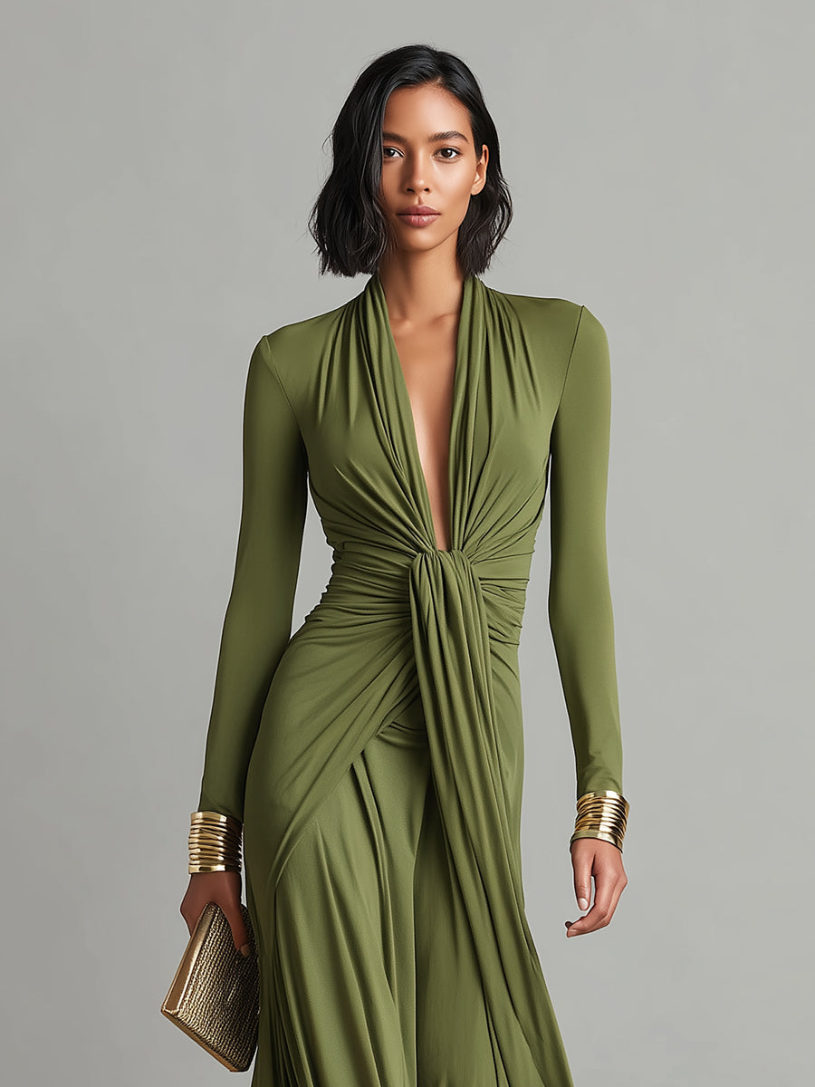 Valentina · Vestido maxi con escote en V y detalles volantes