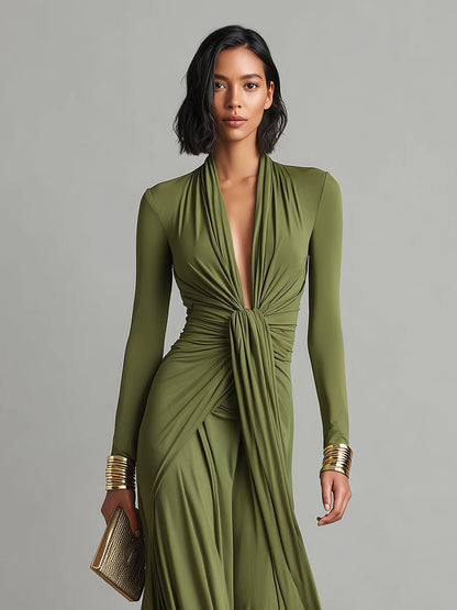Valentina · Vestido maxi con escote en V y detalles volantes
