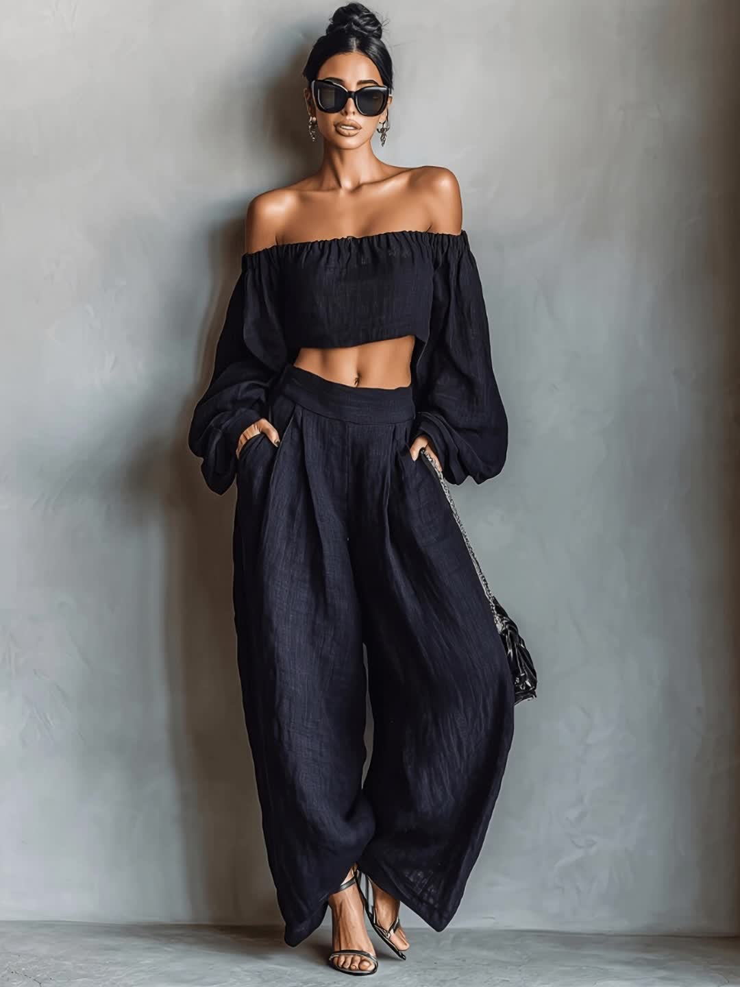 Tiana || Conjunto con escote off-shoulder y pantalón amplio