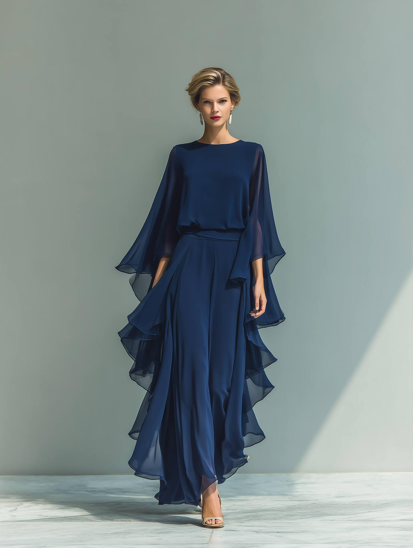 Conjunto Mujer Top Chiffon Azul Marino Con Mangas De Campana Y Pantalones Rectos Con Detalles Volantes