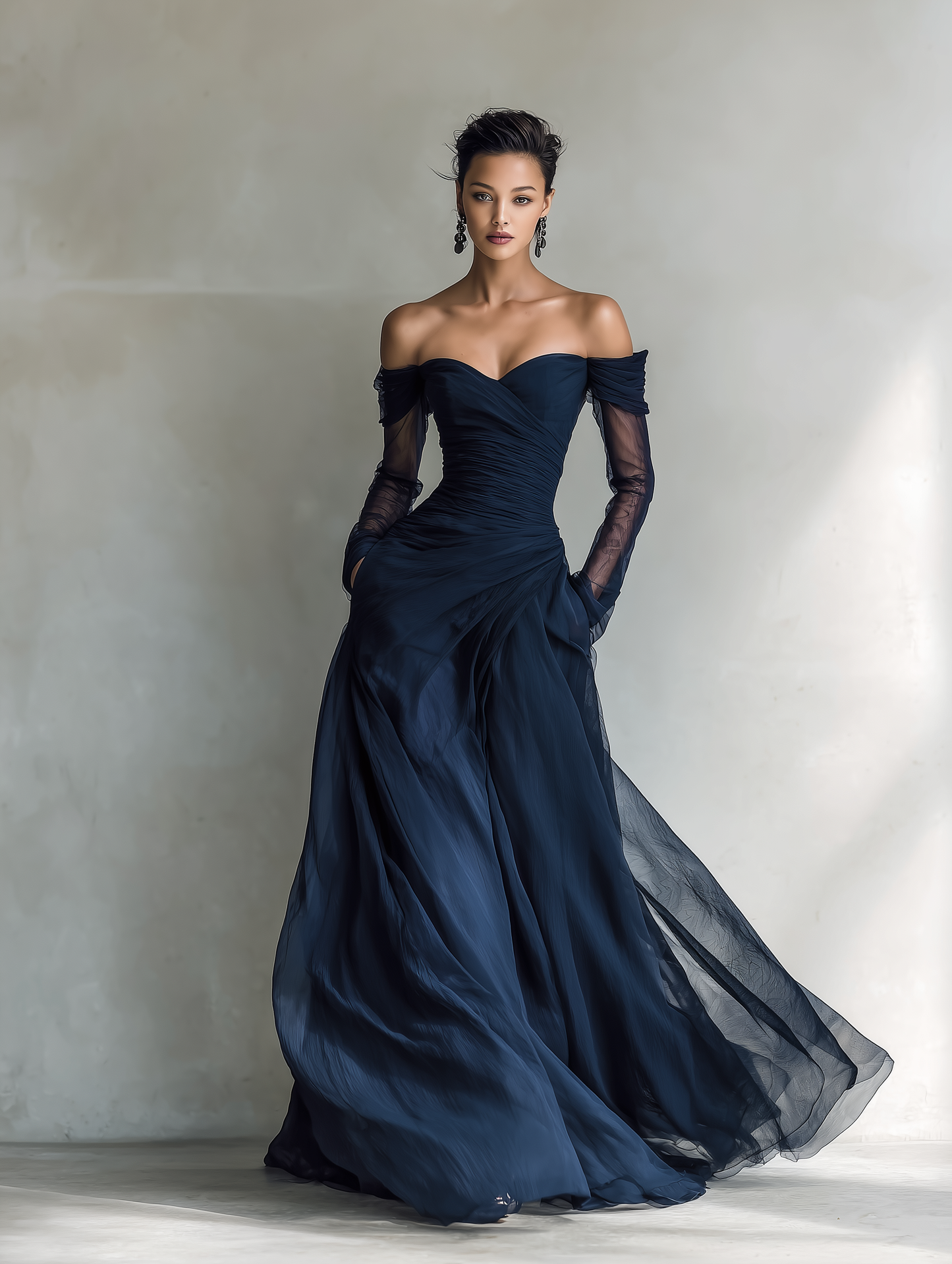 Vestido Maxi Elegante en Chiffon Organza Azul Oscuro con Mangas Largas y Hombros Descubiertos para Mujeres