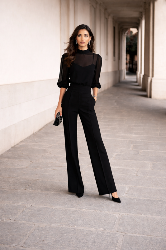 Valentina | Conjunto de Tres Piezas Compuesto por una Camiseta Transparente y Pantalones de Pierna Ancha.