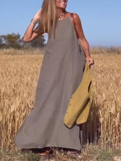 Vestido largo de algodón y lino para mujer, casual