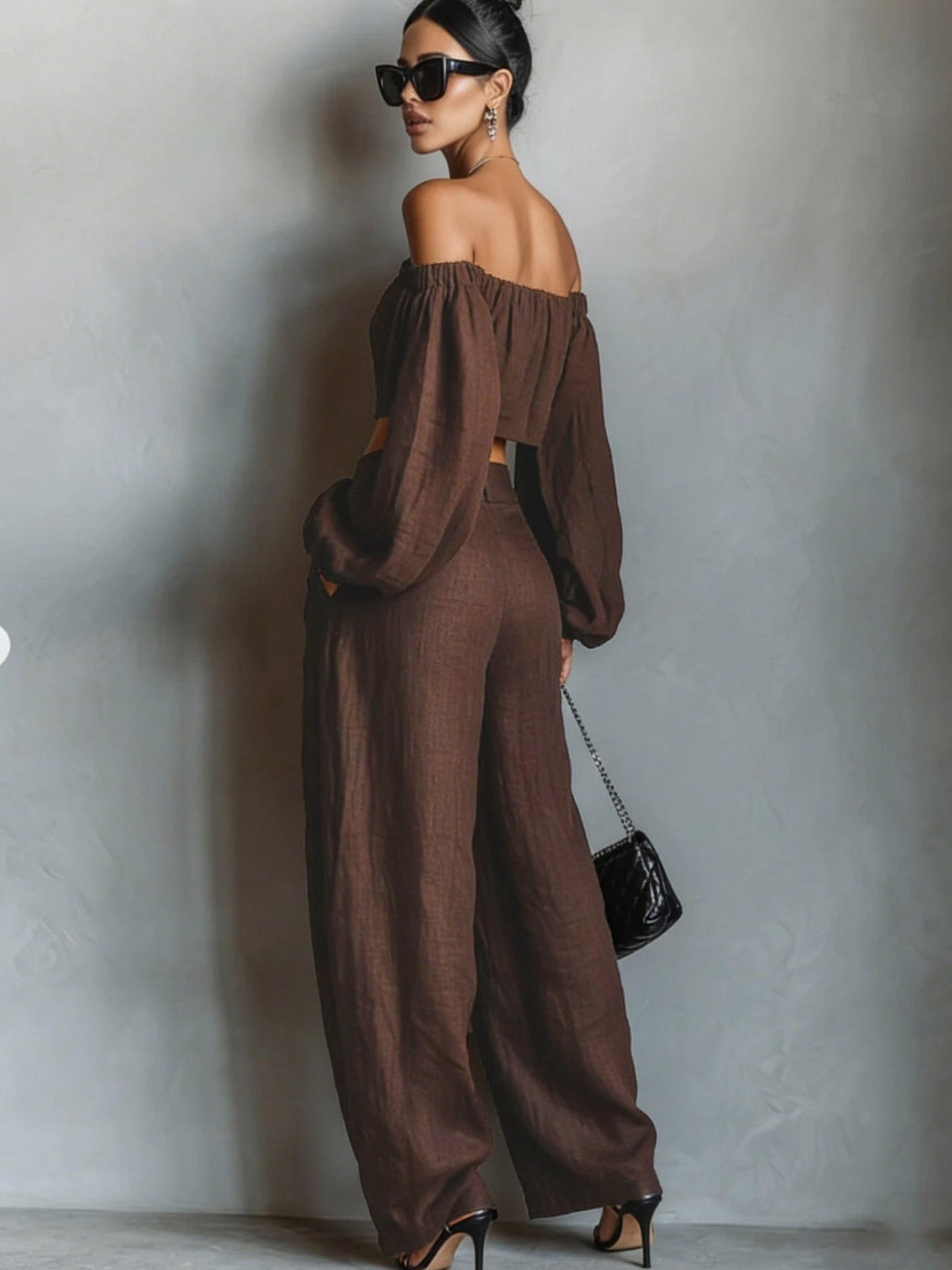 Tiana || Conjunto con escote off-shoulder y pantalón amplio