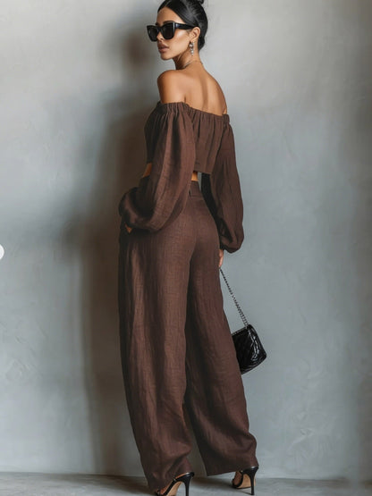 Tiana || Conjunto con escote off-shoulder y pantalón amplio