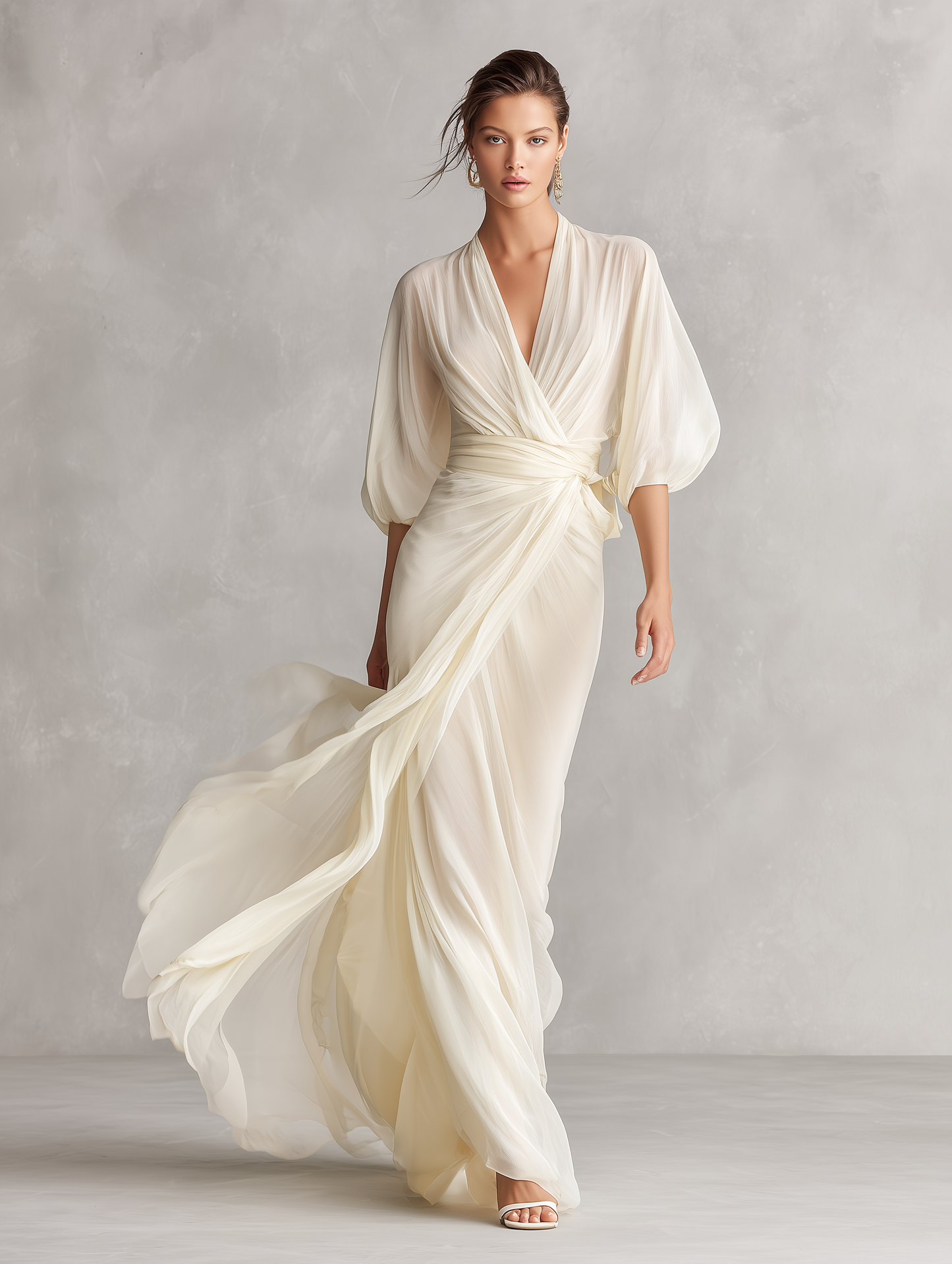 Vestido de Chiffon Transparente Marfil para Mujeres con Mangas Voluminosas y Detalle Envolvente, Vestido de Estilo Romántico-Lujoso Atemporal