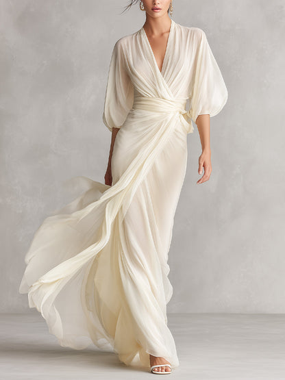 Vestido de Chiffon Transparente Marfil para Mujeres con Mangas Voluminosas y Detalle Envolvente, Vestido de Estilo Romántico-Lujoso Atemporal