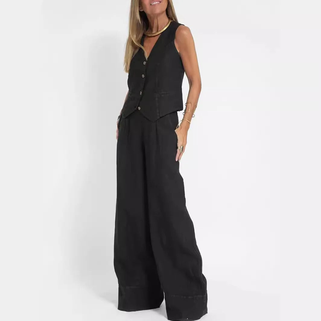 Conjunto de Chaleco a Medida y Pantalones de Pierna Ancha de Algodón