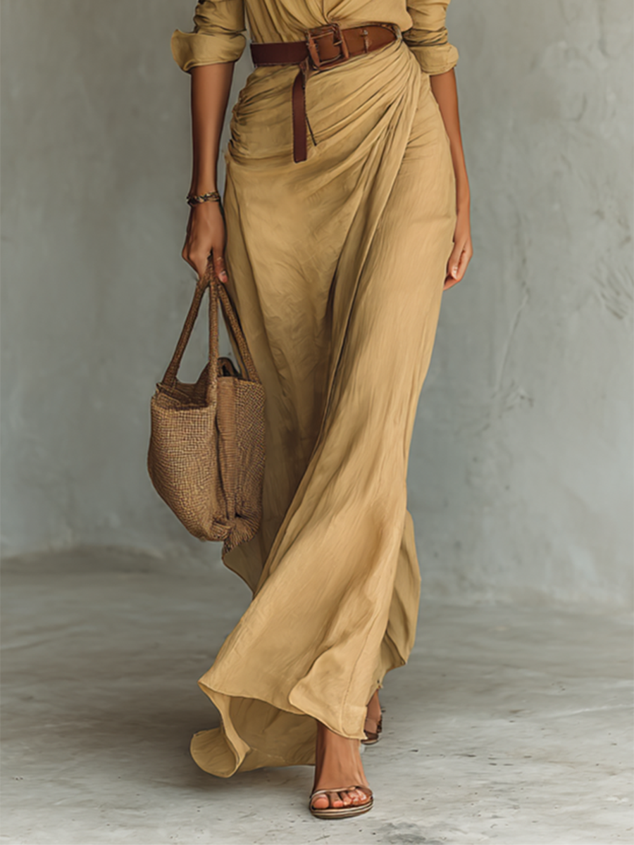 Robe Maxi Larga con Cuello Revers y Mangas Largas para Mujeres