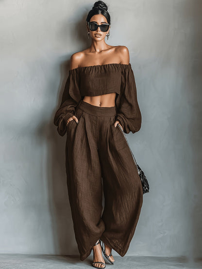 Tiana || Conjunto con escote off-shoulder y pantalón amplio