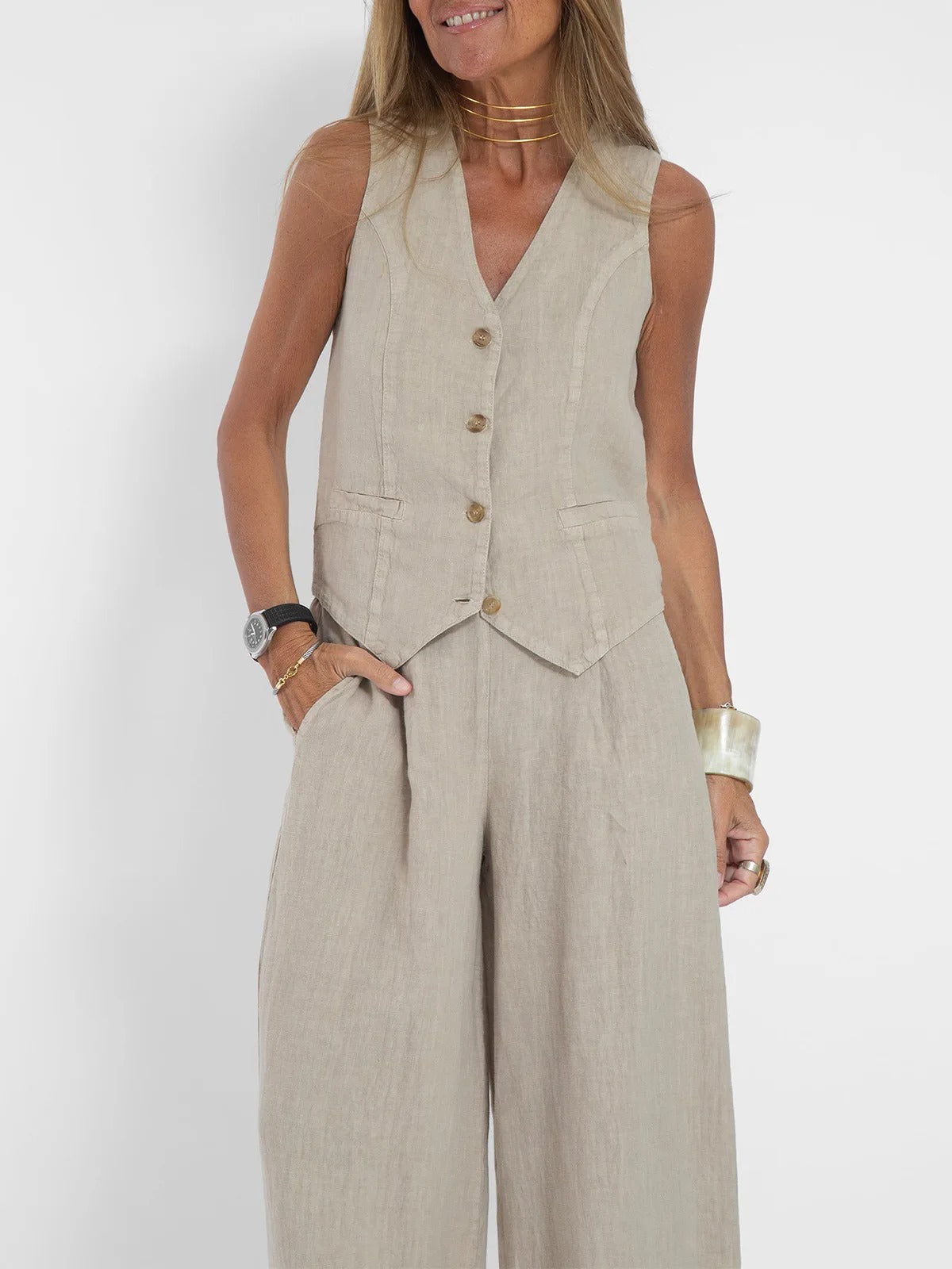 Conjunto de Chaleco a Medida y Pantalones de Pierna Ancha de Algodón