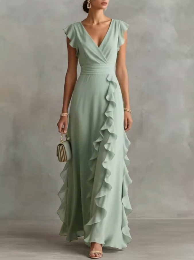Madeleine · Vestido de noche plisado con volantes cascada