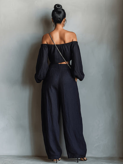 Tiana || Conjunto con escote off-shoulder y pantalón amplio