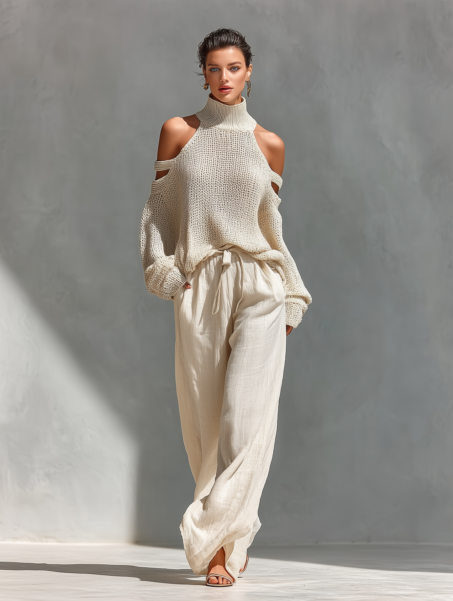 Conjunto Top de Cuello Alto con Hombros Descubiertos en Tejido Beige para Mujeres & Pantalones de Pierna Ancha