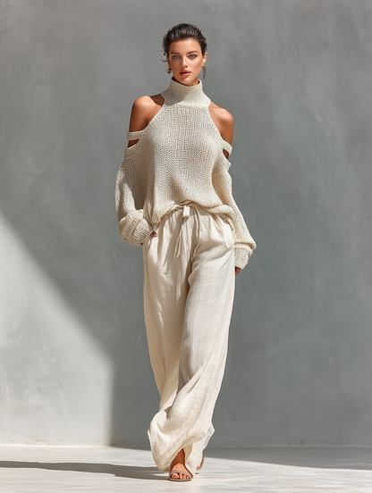 Conjunto Top de Cuello Alto con Hombros Descubiertos en Tejido Beige para Mujeres & Pantalones de Pierna Ancha
