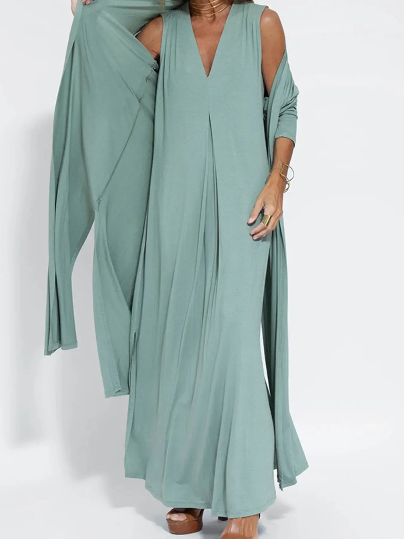 Vestido Maxi Sin Mangas de Talla Completa con Escote en V y Abertura Talla Grande