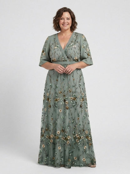 Stella & Grace™ | Vestido Maxi de Manga Corta con Escote en V Floral