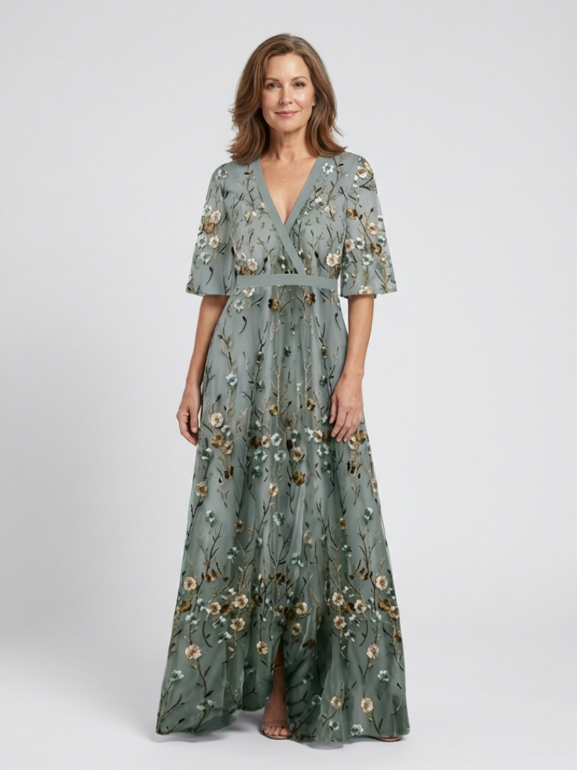 Stella & Grace™ | Vestido Maxi de Manga Corta con Escote en V Floral