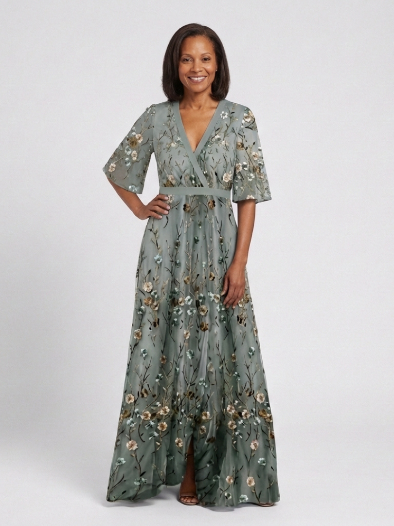 Stella & Grace™ | Vestido Maxi de Manga Corta con Escote en V Floral