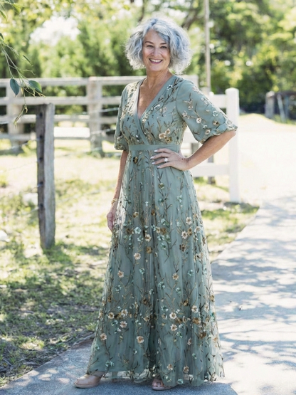 Stella & Grace™ | Vestido Maxi de Manga Corta con Escote en V Floral
