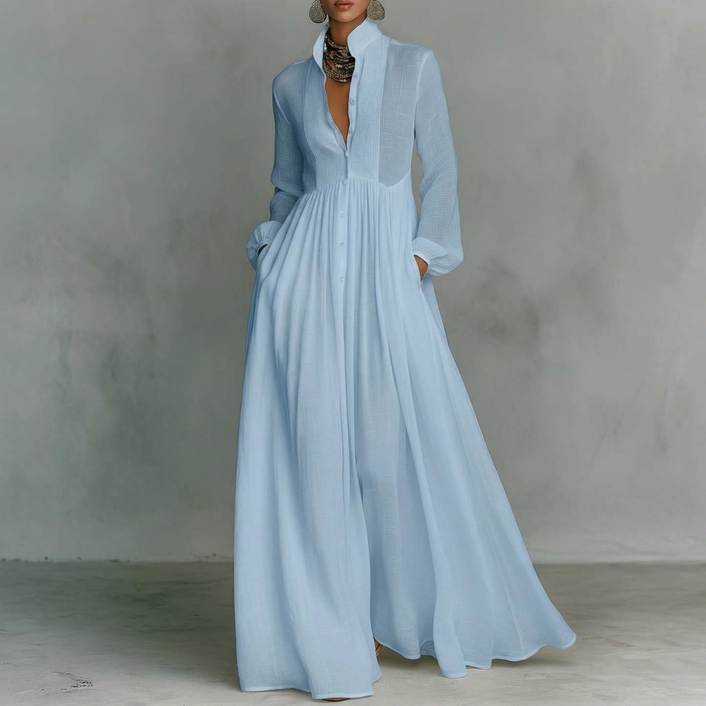 Maxi Minimalista en Algodón y Lino con Patchwork, Cuello Alto y Mangas Largas