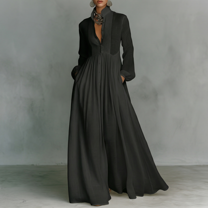 Maxi Minimalista en Algodón y Lino con Patchwork, Cuello Alto y Mangas Largas