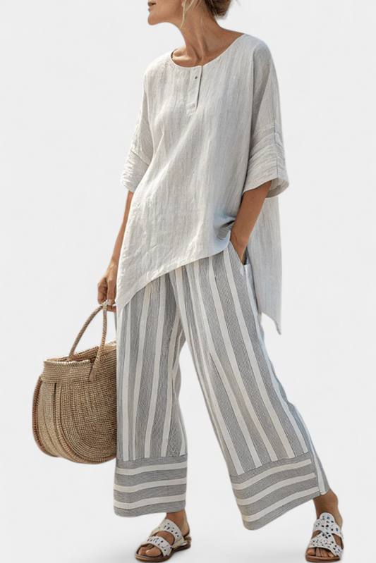 Talvora | Elegante Blusa Asimétrica y Pantalones a Rayas