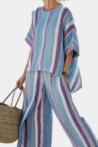 Faelith | Elegante Top Malva Pastello & Pantaloni de Lino a Rayas